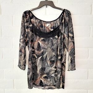 Brittany Black Women's Large Multicolor Abstract Pattern Blouse w/Rhinestones